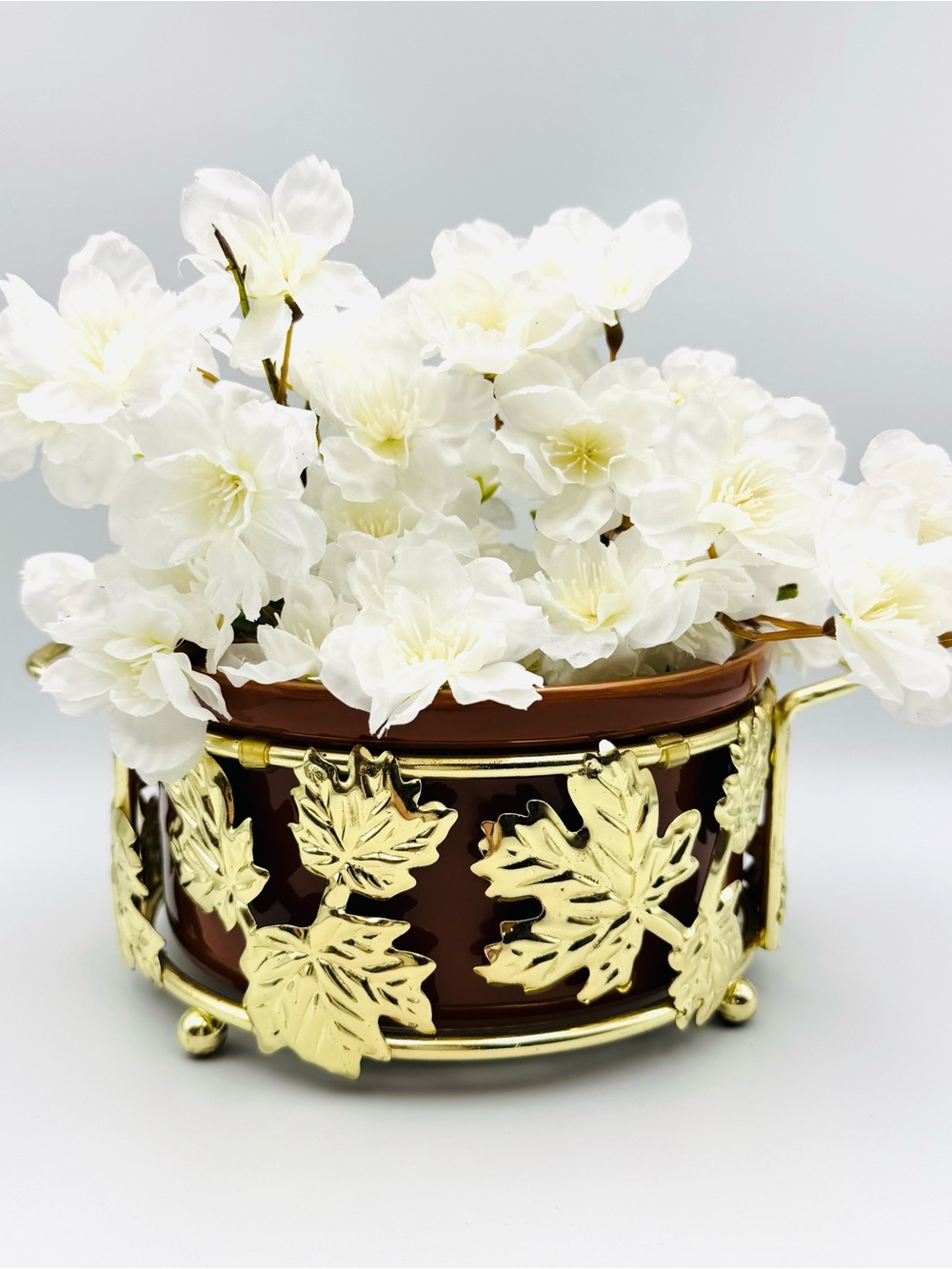 Vtg Telefora Brass Casserole Dish Burnt Orange Ceramic Gold Leaves Insert